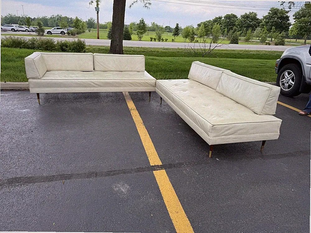 Burton Dixie Chicago Mid-Century Modern Cream Vinyl Sectional Sofa With Button T