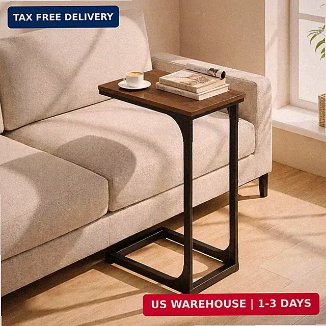 C Shaped End Table for Couch TV Tray Laptop Side Table Rustic Walnut Bedroom