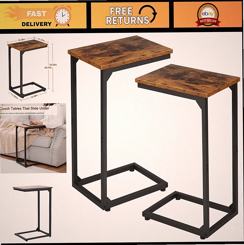 C Shaped End Table Set of 2 - Slide Under Couch, Narrow Side Tables for Living R
