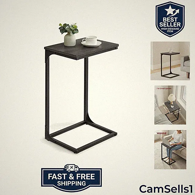 C-Shaped End Table, Side Table for Sofa, Couch with Metal Frame, Small TV Tra...