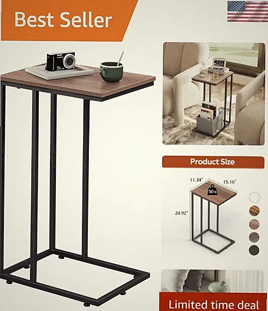 C Shaped End Table Small Side Table for Sofa Bed Living Room Office