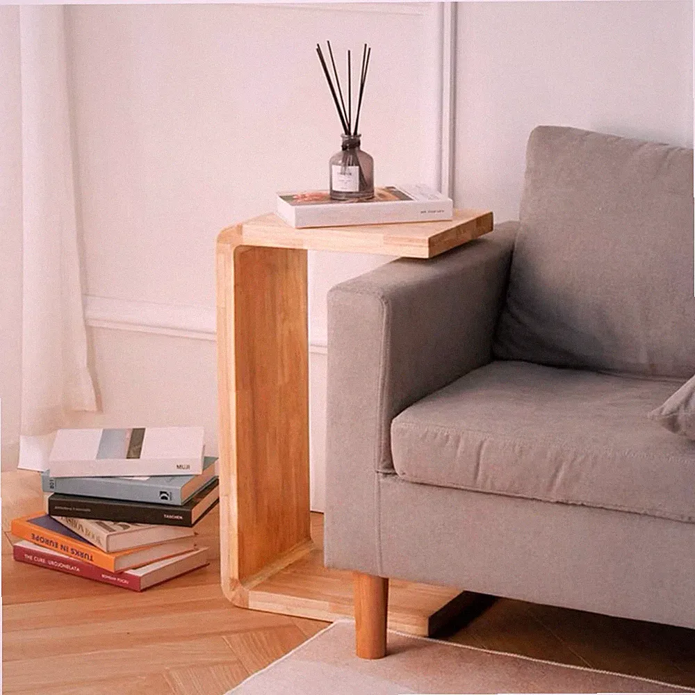 C Shaped End Table, Solid Wood Sofa Side Table for Couch, Bed, and Living Roo...