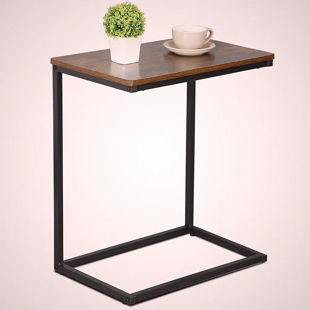C Shaped Side Table End Table for Sofa Bed and Couch w/ Metal Frame Rectangular