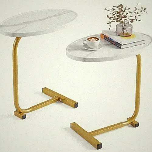 C Shaped Side Table, Oval End Table for Sofa Bed, 2 PCS White Marble