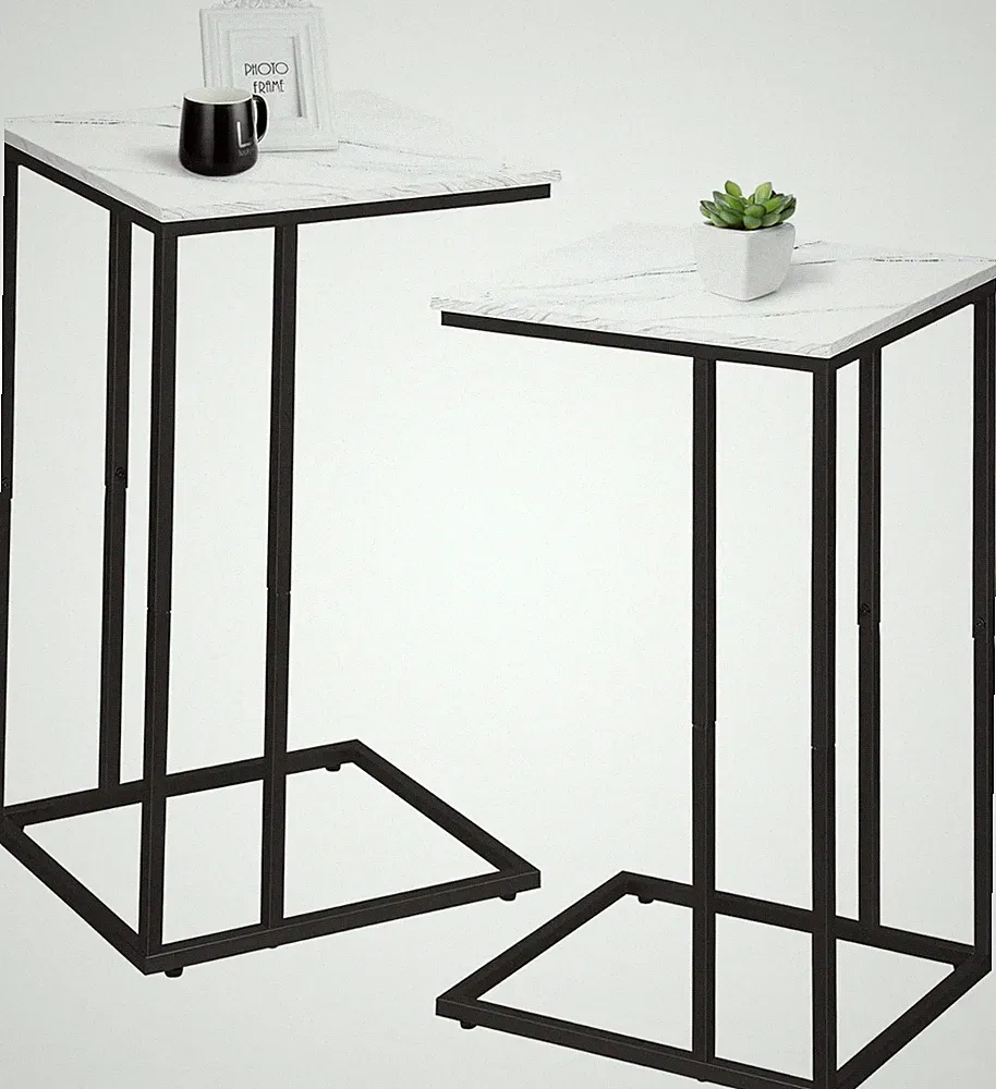 C Shaped Side Table Set of 2, Marble End Table for Sofa and Bed, Couch