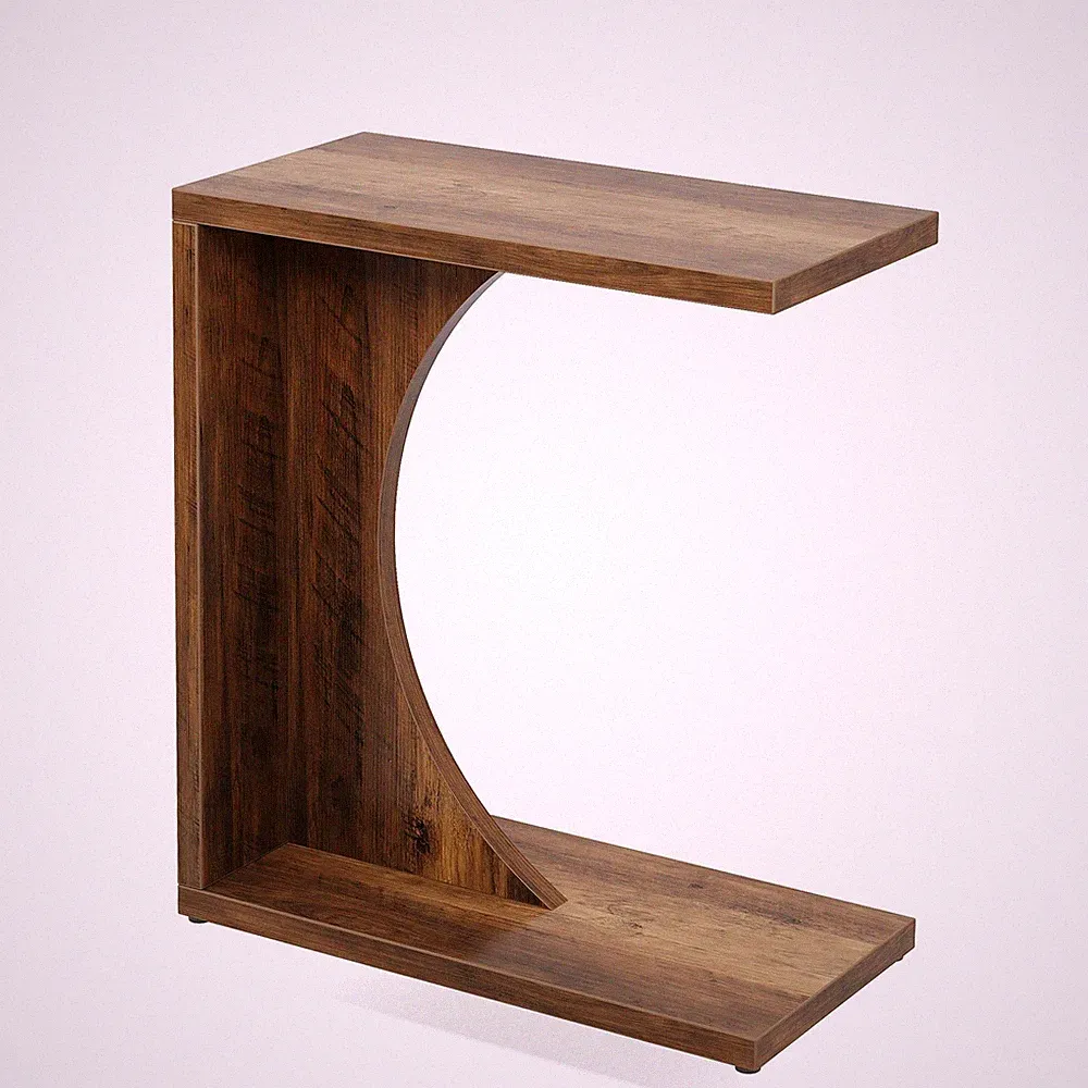 C-Shaped Sofa Side End Table Slides Under Couch Sectional Wood Brown