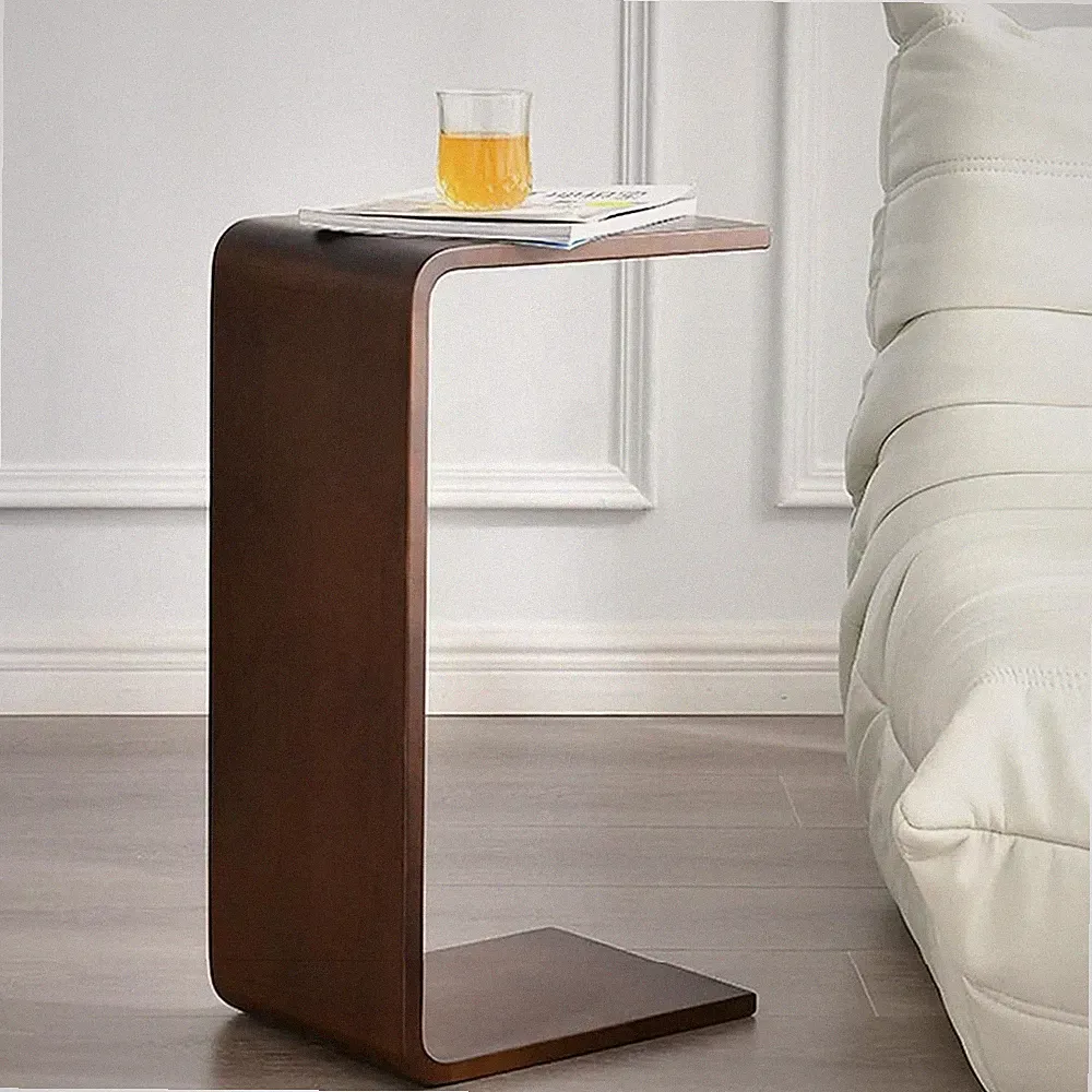 C Shaped Solid Wood End Table - Space-Saving Side Table for Sofa & Bed