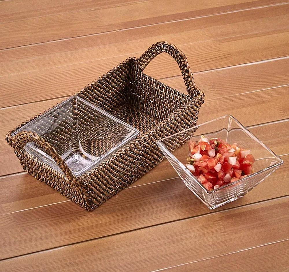 CALAISIO, 2 SECTION RECTANGULAR SERVING TRAY with 2 REMOVABLE GLASS INSERTS, NEW