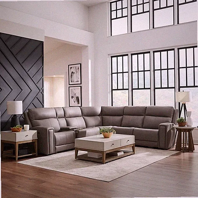 Camden Power Reclining 6 Piece Sectional Sofa - Aline Light Gray Leather