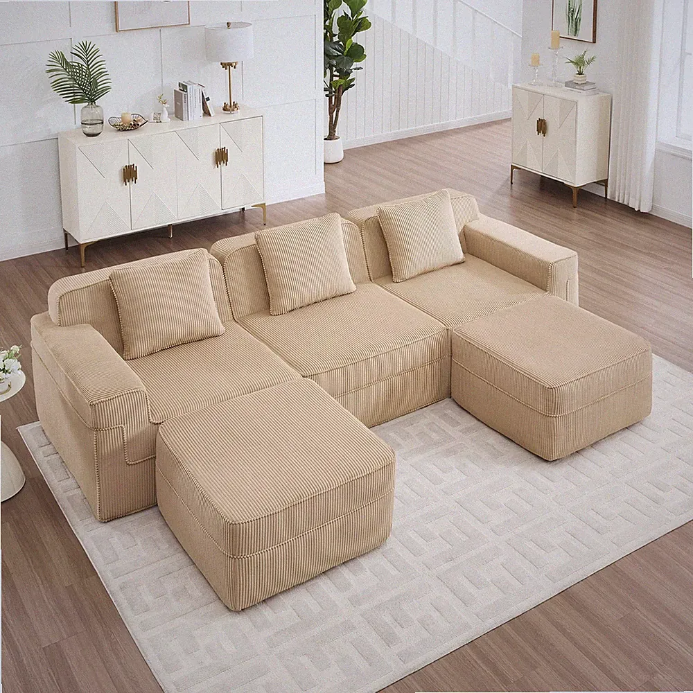 Camel Corduroy 3-Seat U-Shaped Sectional Sofa with Throw Pillows & Ottomans