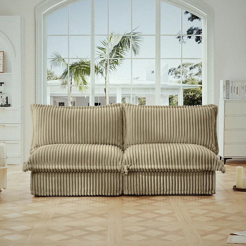 Camel Corduroy Armless Sofa 2Seater Convertible Comfy Sofa Couch for Small Space