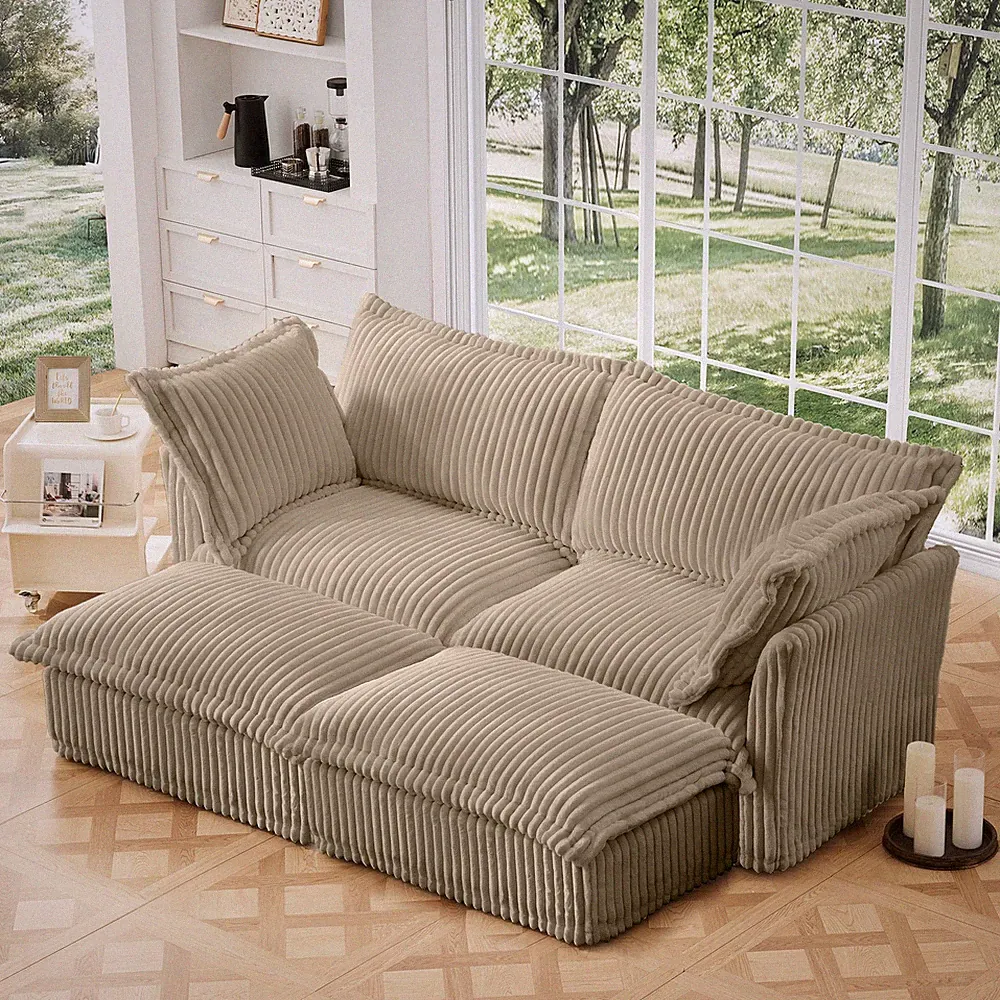 Camel Corduroy Sleeper Sofa Bed with Ottomans for Living Room Home Theater