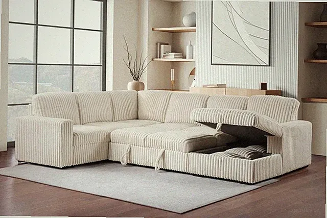 CAMEL CORDUROY SLEEPER SOFA SECTIONAL POP UP CHAISE STORAGE LIVINGROOM FURNITURE