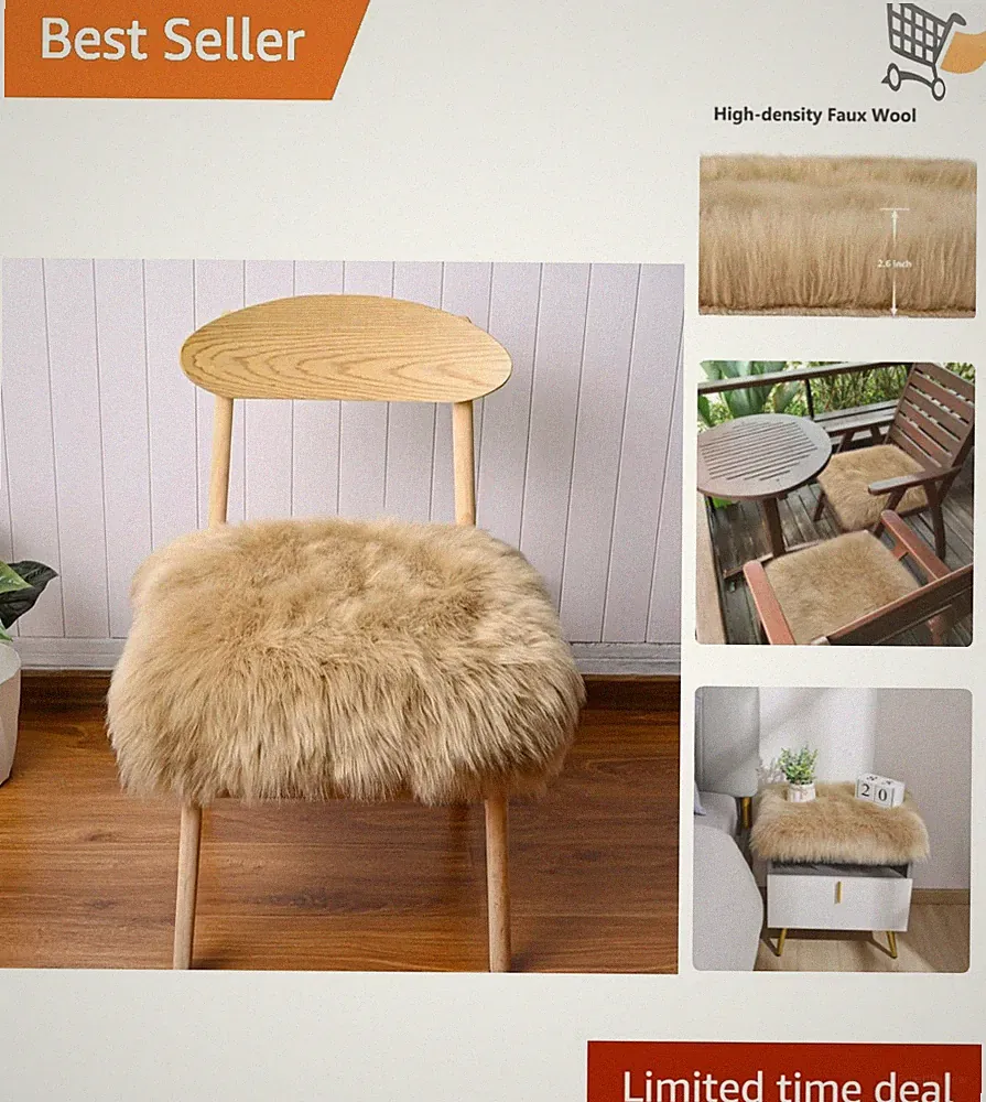 Camel Faux Fur Sheepskin Chair Cover 2 PCs Seat Cushions Soft Rug for Living