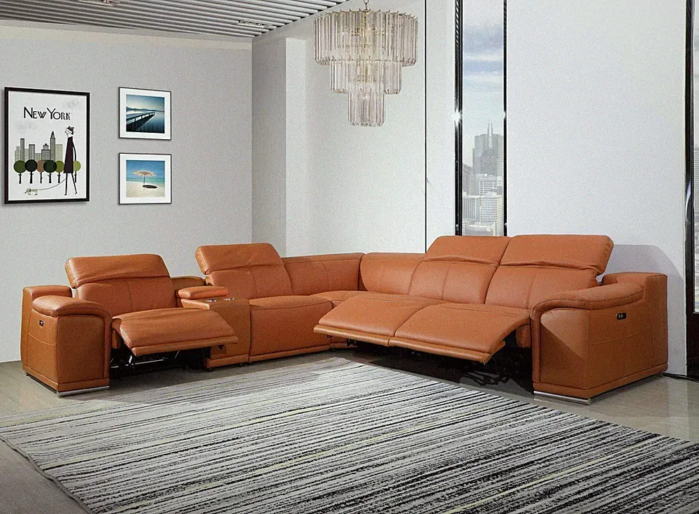 Camel Italian Leather Power Reclining U Shaped Six Piece Corner Sectional With