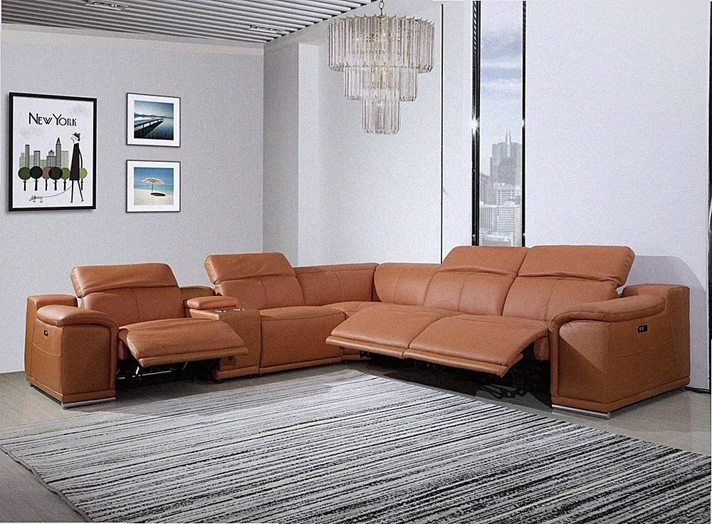 Camel Italian Leather Power Reclining U Shaped Six Piece Corner Sectional With
