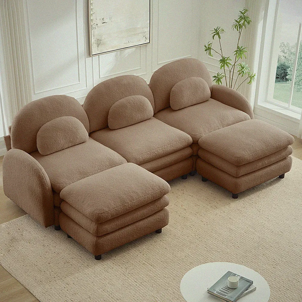 Camel Teddy Fabric 3-Seat Sectional Sofa with Ottomans, Curved Back