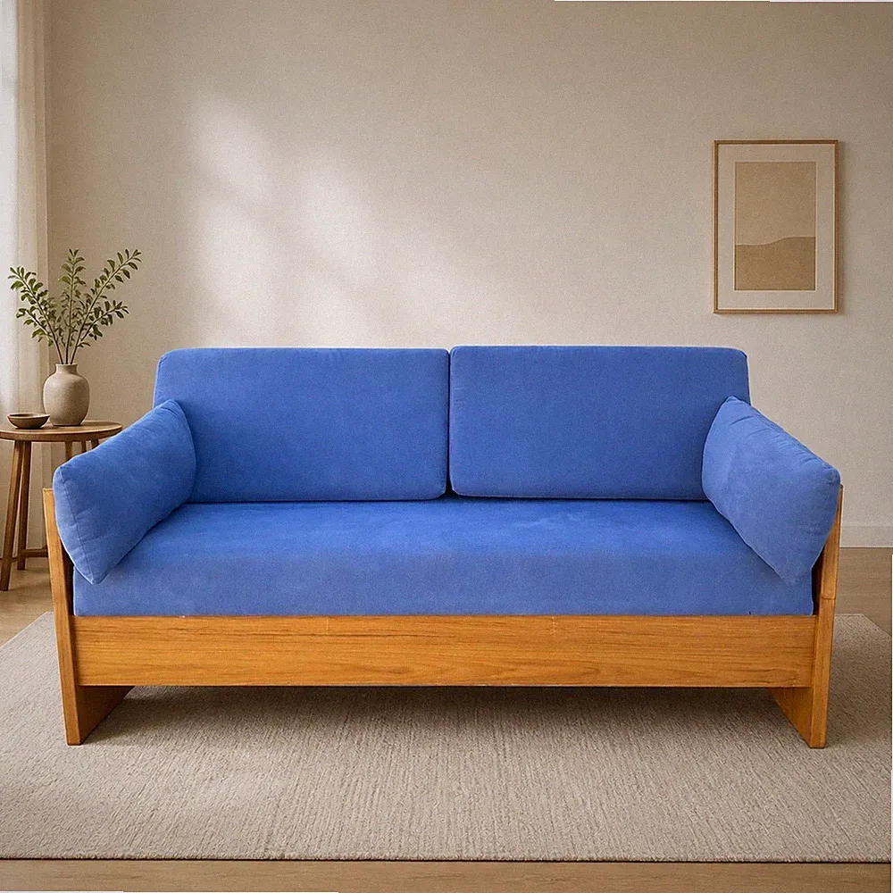Canadian Teak Pull-Out Sofa Bed Blue Upholstery Modern Convertible Sleeper
