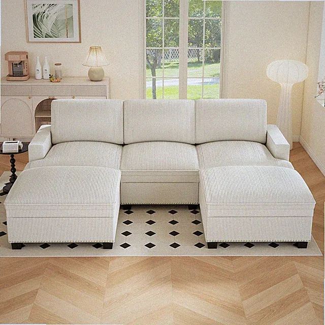 Canmov Cloud Modular Sectional Couch w/ Movable Ottoman, Beige Convertible Couch
