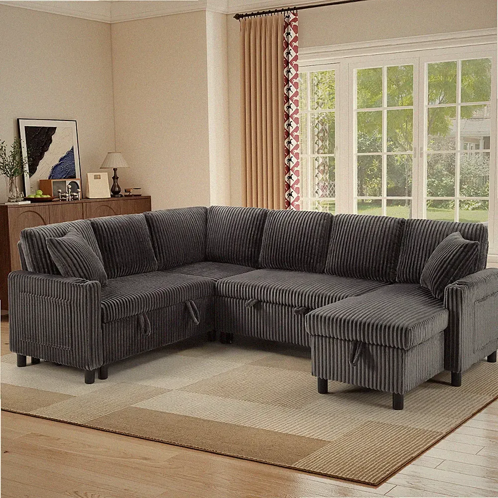 CANMOV L-Shaped Sectional Sofa w/ Pull Out Bed, Storage Under Seat & Cup Holders