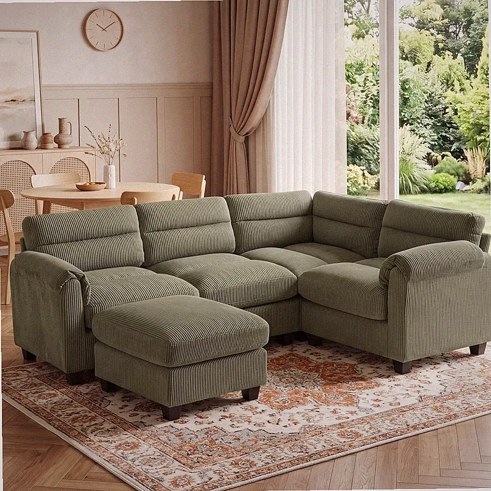 Canmov Modular Sectional Couch, Convertible 4-Seater Corduroy Sofa with Ottoman