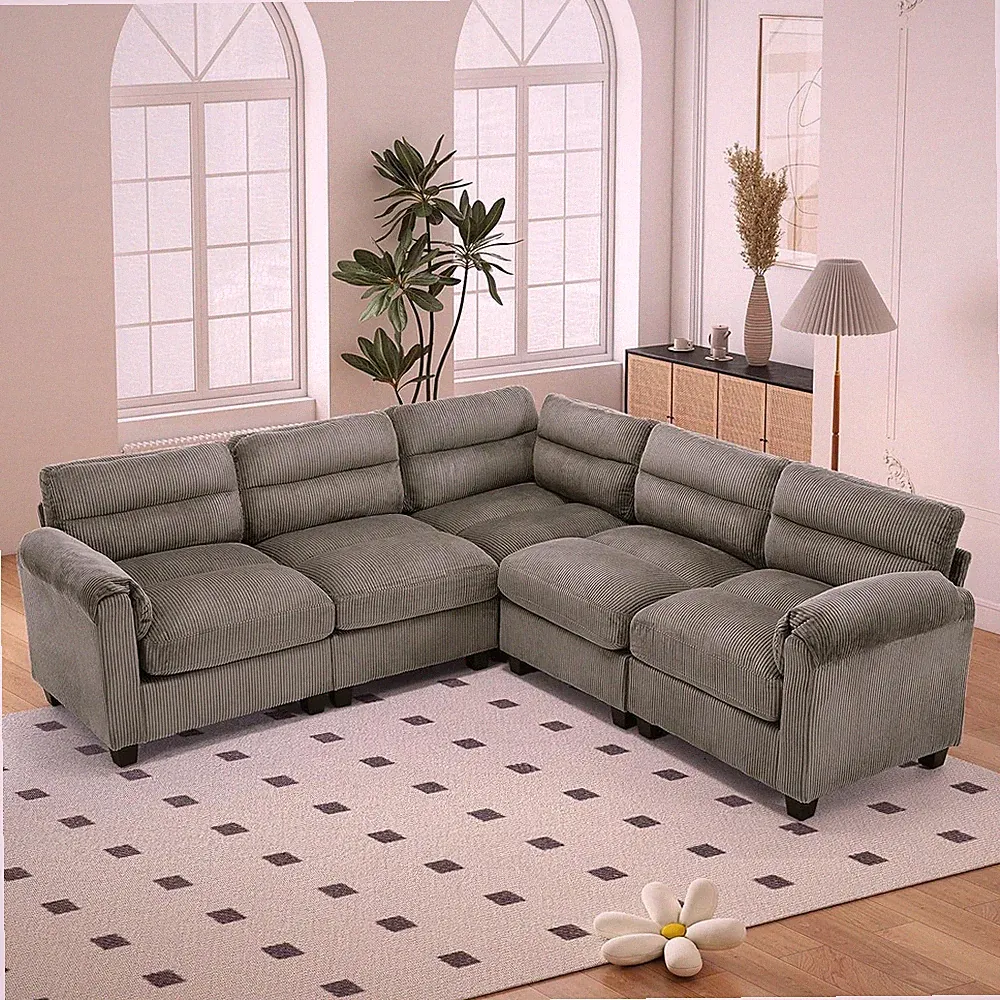 Canmov Modular Sectional Couch, Corduroy L Shaped 5-Seater Sofa with Rolled Arms