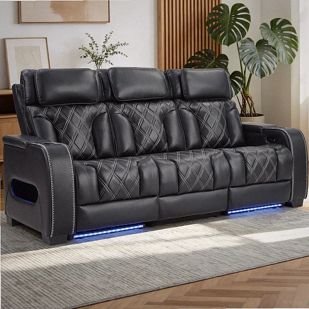 Canmov PU Leather 3 Seat Power Reclining Sofa,Home Theater Seat with Cup Holders