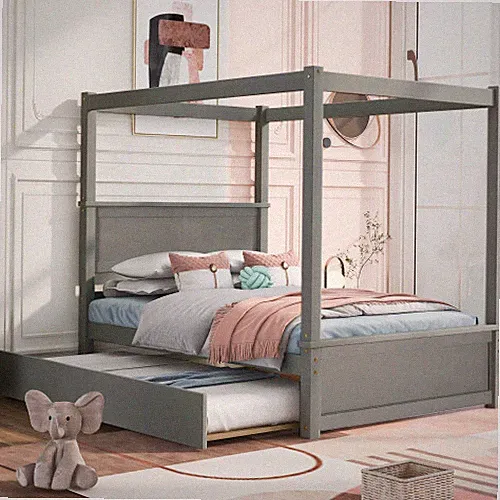 Canopy Bed Full Size Platform Bed with Trundle Wooden Bed Frames Daybed Sofa Bed