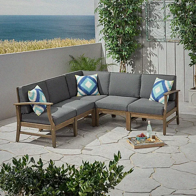 Capri Outdoor 5 Piece Acacia Wood Sectional Sofa Set