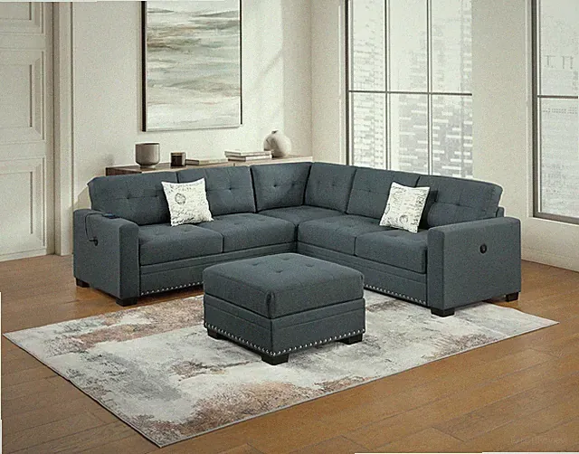 Casual Simple Tufted Couch Living Room Sectional 4pc Set Dark Gray Fabric Uphols