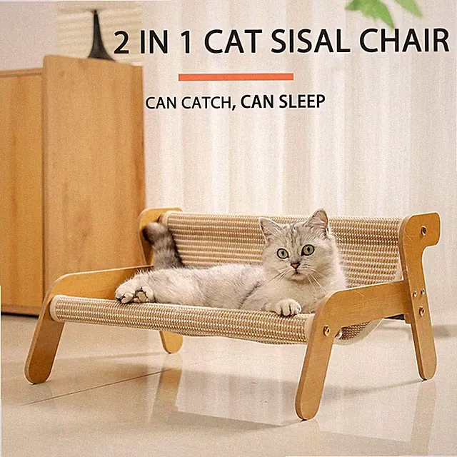 Cat Scratcher Couch 2-in-1 Sisal Cat Chair Scratch Pad Wooden Cat Lounger Bed
