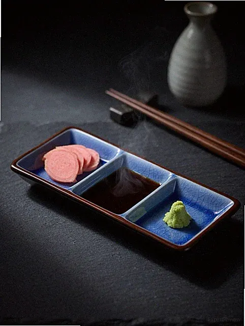 Ceramic 3-Compartment Divided Rectangular Serving Tray, Blue Crackle, 6"
