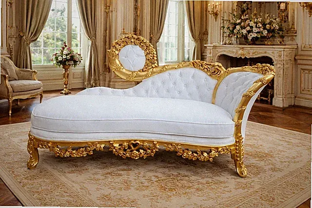Chaise Daybed French Louis XVI White Leather Gold Leaf Beech Sofa Vintage