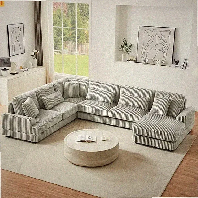 Chaise Lounge Sectional U-Shaped Corduroy Gray 5-Seat 7 Pillows 129in