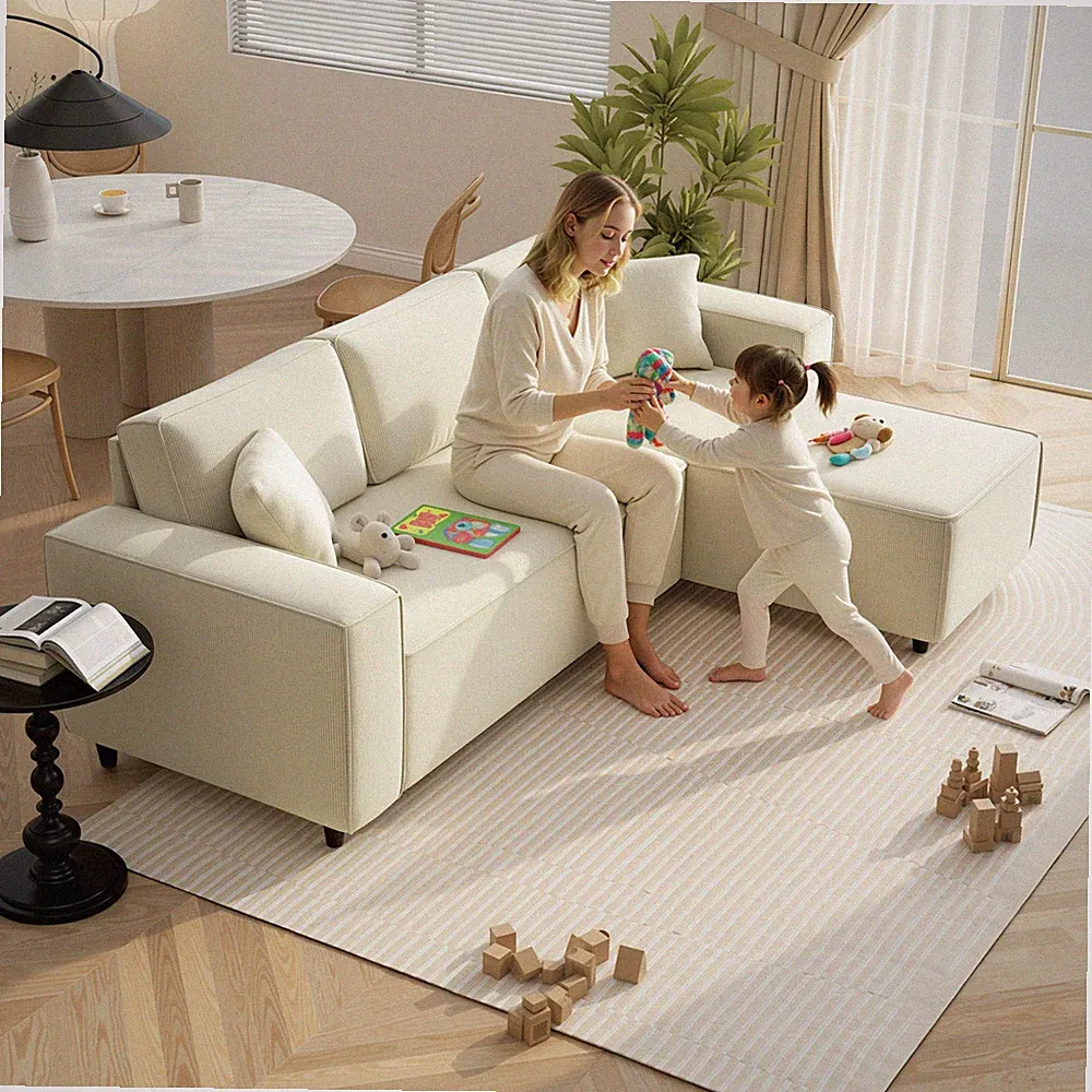 Chaise Sectional Sofa, Corduroy Fabric Corner Couch, Cream White