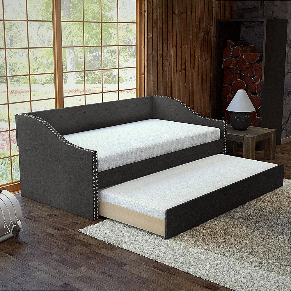 Charcoal Grey Twin Daybed with Trundle, Upholstered Sofa Bed & Lounger