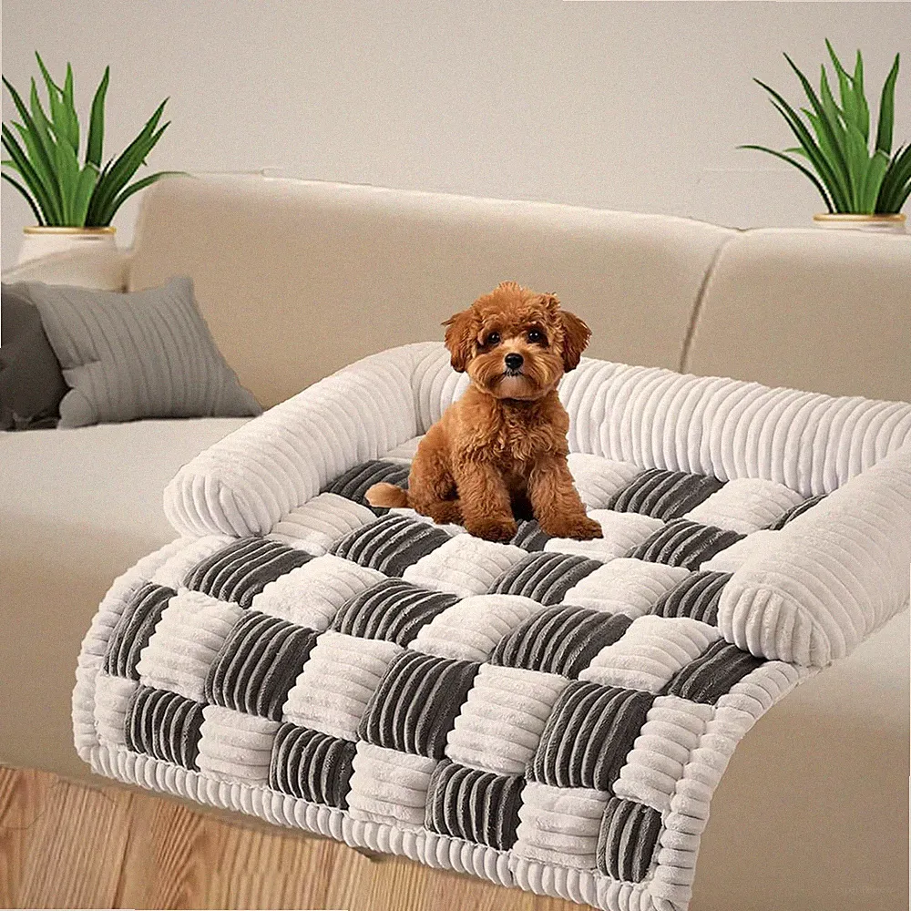 Checkered Plush Dog Sofa Bed - Calming Pet Couch Protector for Home & Car