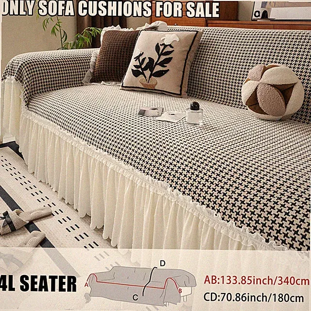 Checkered Sofa Cover with Ruffles — Soft, Machine-Washable Furniture Protector