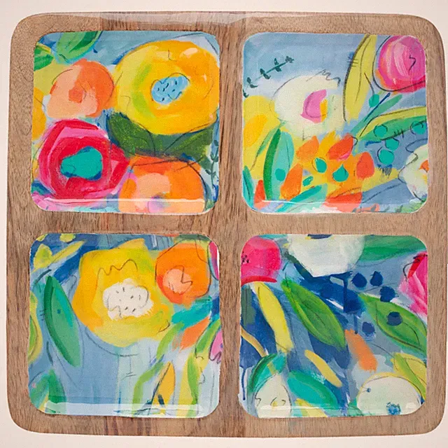 Cheerful Blossoms 4-Sectioned Tray Made of Mango Wood