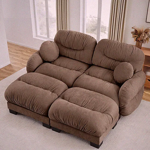Chenille 2 Seater L Shape Sectional Sofa w/ 2 Ottomans & Throw Pillows, Brown