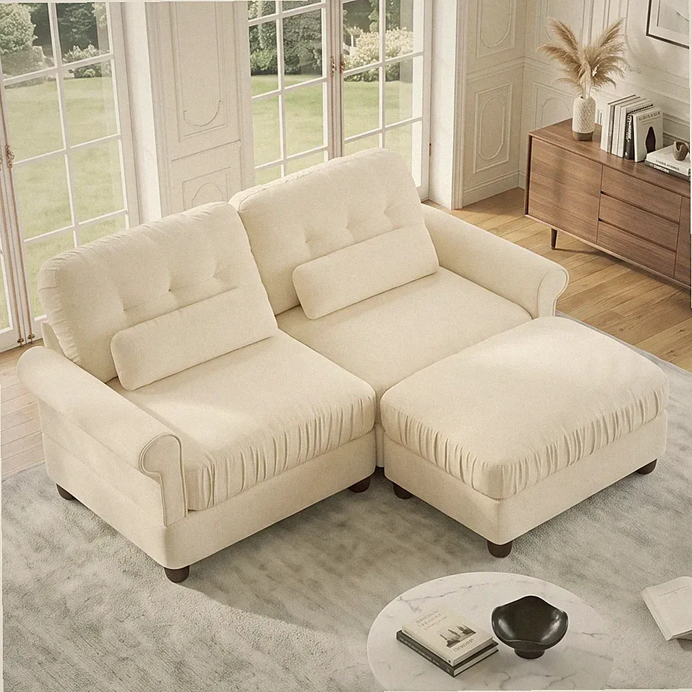 Chenille 2-Seater Loveseat Sectional with Ottoman 69.2 in Beige