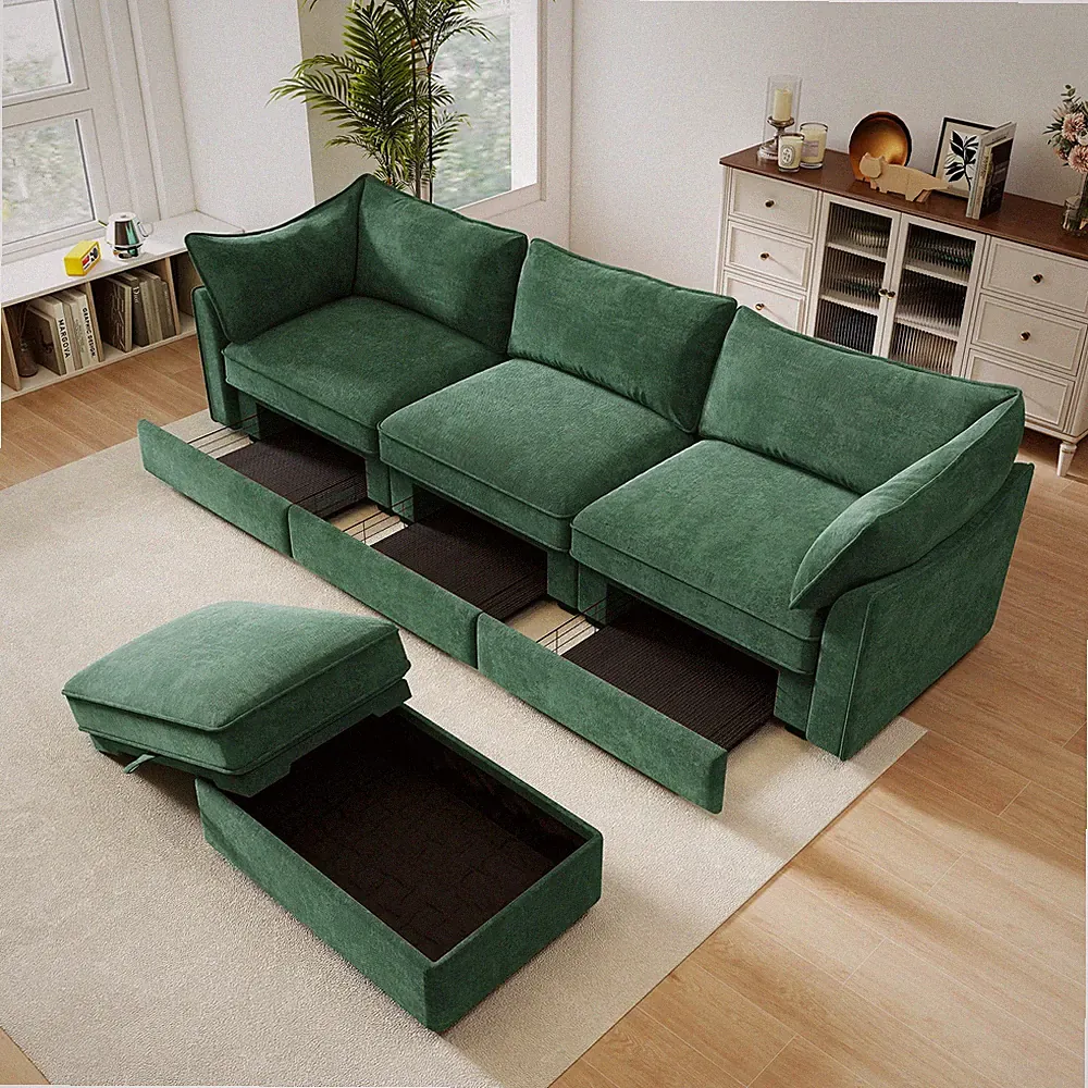 Chenille 3-Seat L-Shaped Sectional Sofa w/ Ottoman & Storage, Green