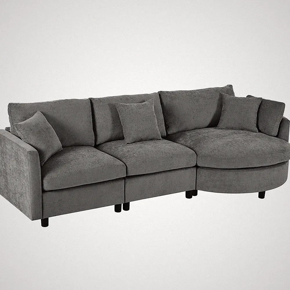 Chenille 3-Seat Sectional Sofa Gray Curved Chaise Living Room L-Shape Couch