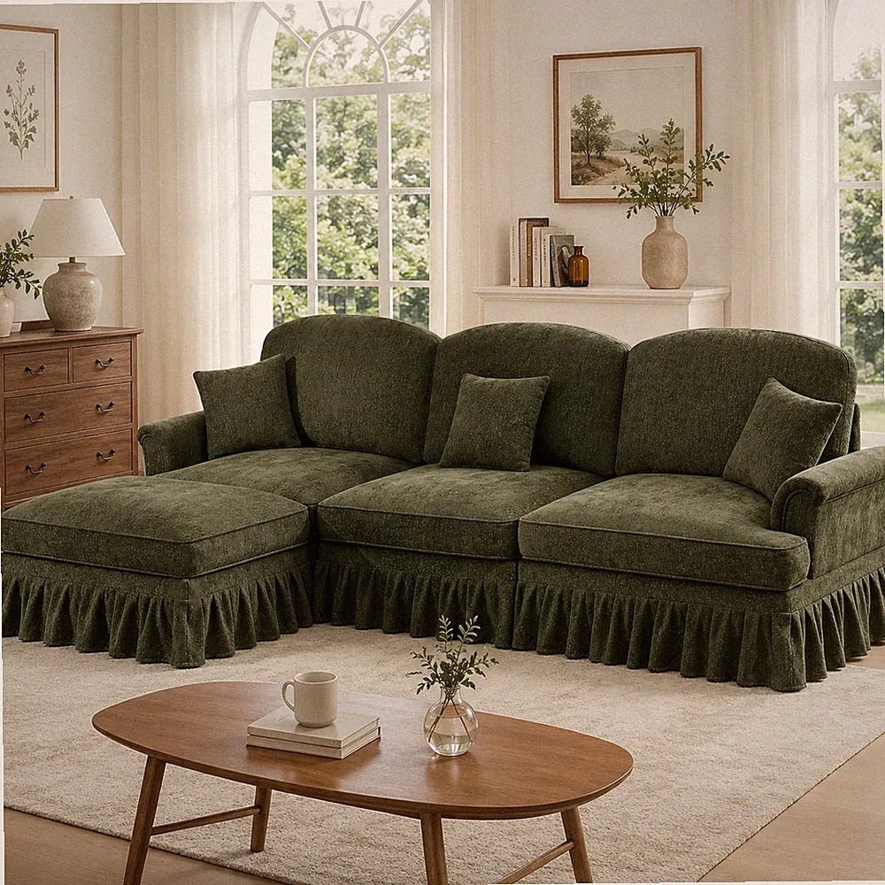 Chenille 3 Seater Modular Sofa L Shaped Mid Century Sectional Couch Ottoman