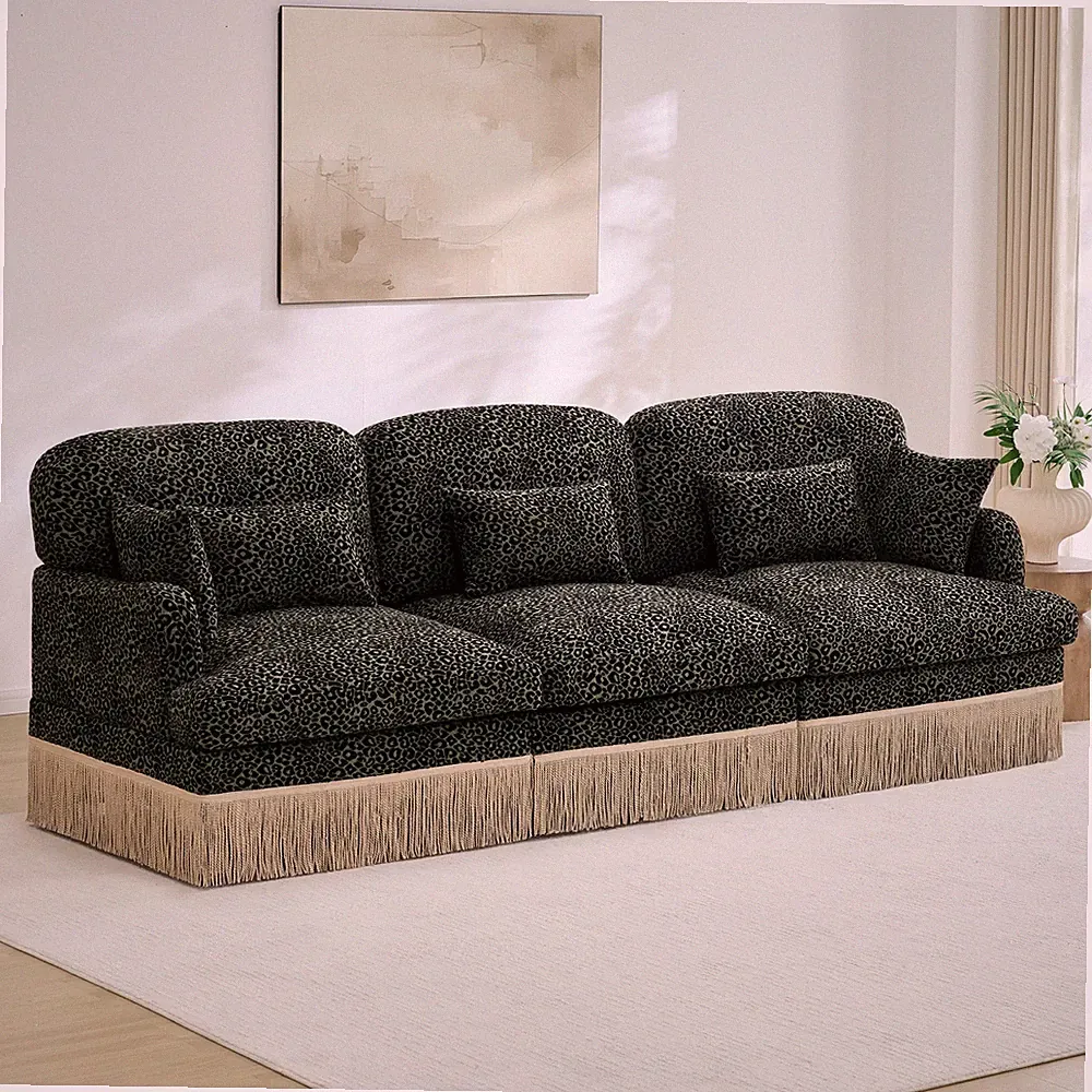 Chenille 3-Seater Sofa Leopard Print Modular Sectional w/ Tassel Trim, Green
