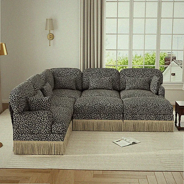 Chenille 7-Seater Leopard Print Sectional Sofa Modern with Tassel Trim