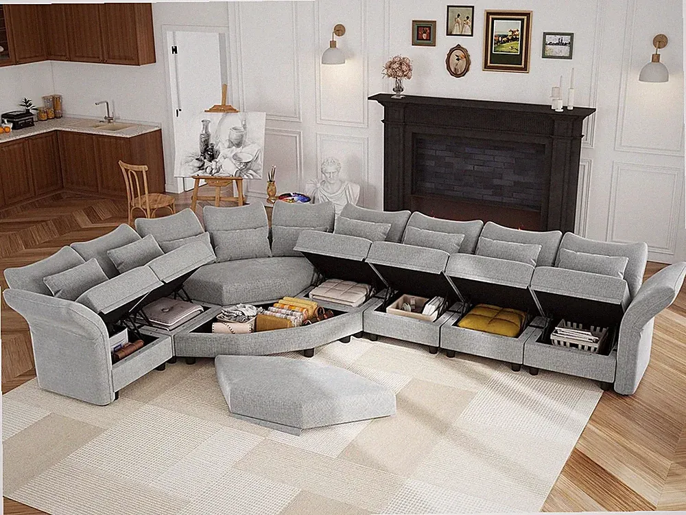 Chenille 8 Piece L Shaped Modular Sectional Sofa with Ottoman and storage