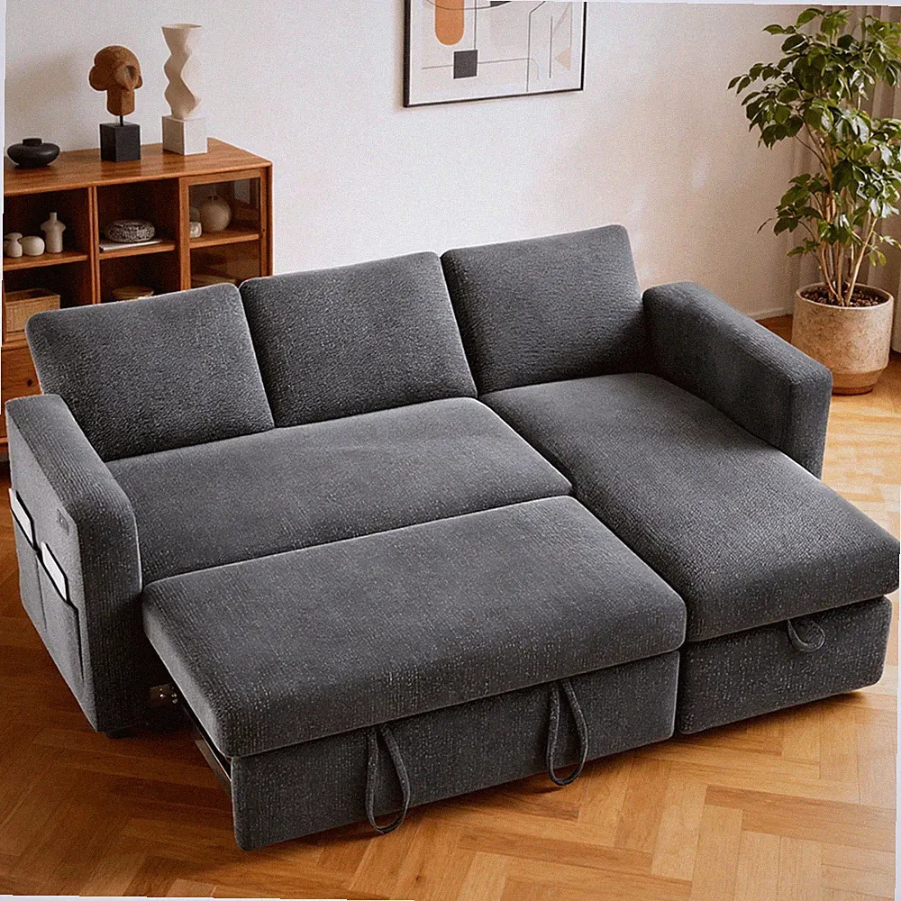Chenille 81" Sectional Sleeper Sofa Bed with Tool-Free Assembly Storage Chaise