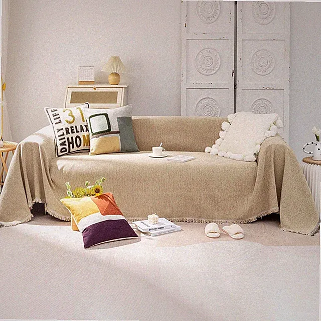 Chenille Chair Slipcover 71"x71" Anti-Slip Washable Khaki Tassel Furniture Cover