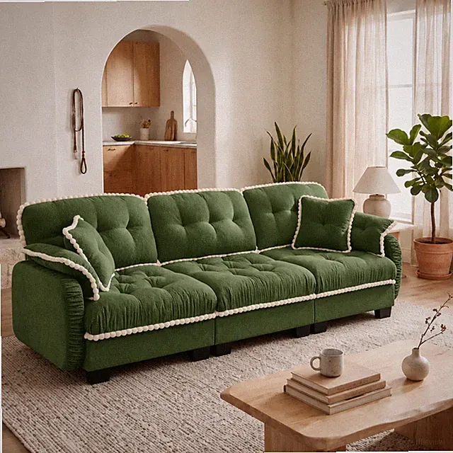 Chenille Cloud 3-Seater Sofa w/4 Pillows,Pom-Pom Trim Quilted Tufted Cushion E